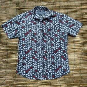 Floral Short Sleeve Shirt Mens Size Large Black White Red 100% Cotton Summer